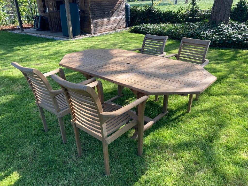Teak tuintafel + stoelen, Ophalen, Teakhout