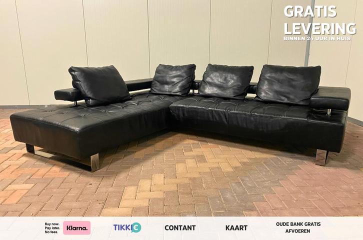 Montel Zwarte Lederen Hoekzetel- Gratis Levering BE, Maison & Meubles, Canapés | Salons, Comme neuf, Banc d'angle, Quatre personnes ou plus