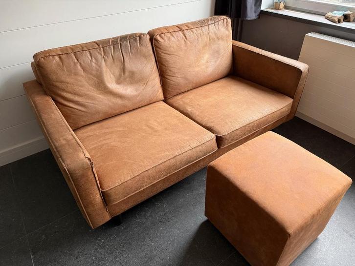 Canapé cuir micro + 1 pouf + 2 fauteuils club, Maison & Meubles, Canapés | Salons, Utilisé, Cuir, Enlèvement