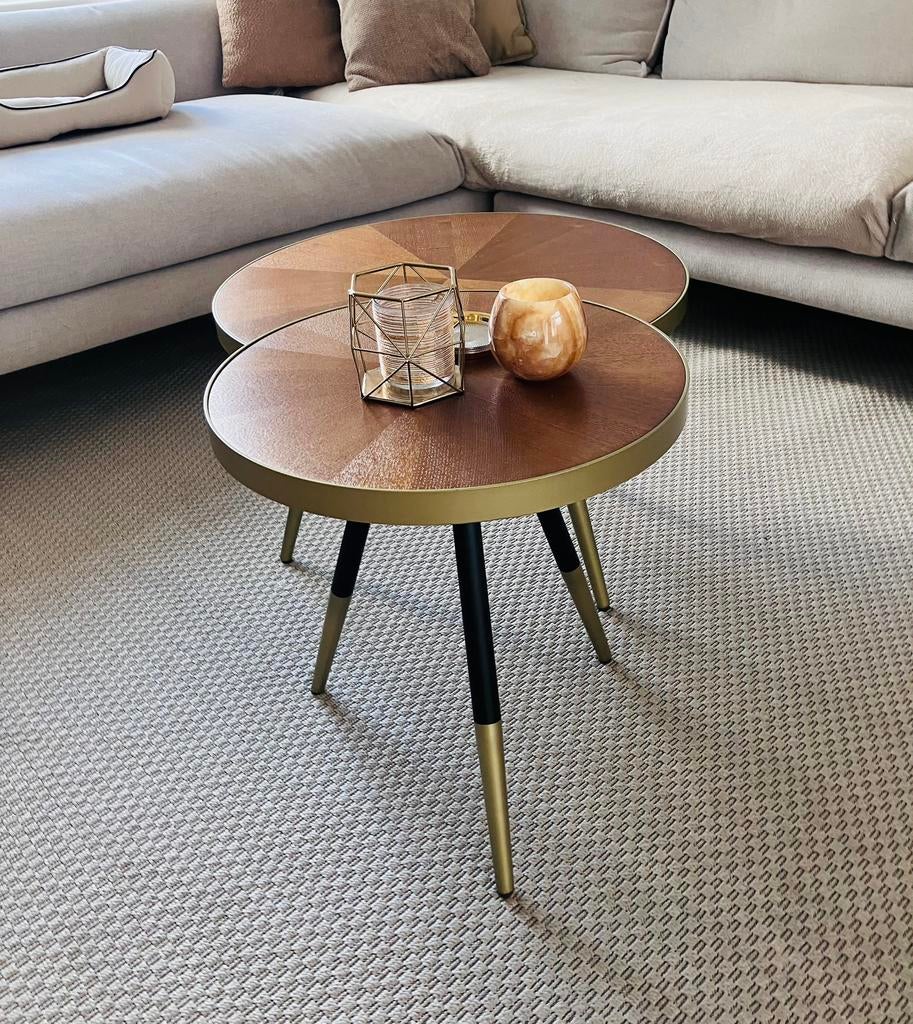 Set van twee ronde salontafels. Hout en goud., Ophalen, Zo goed als nieuw, Rond, Vintage. Modern