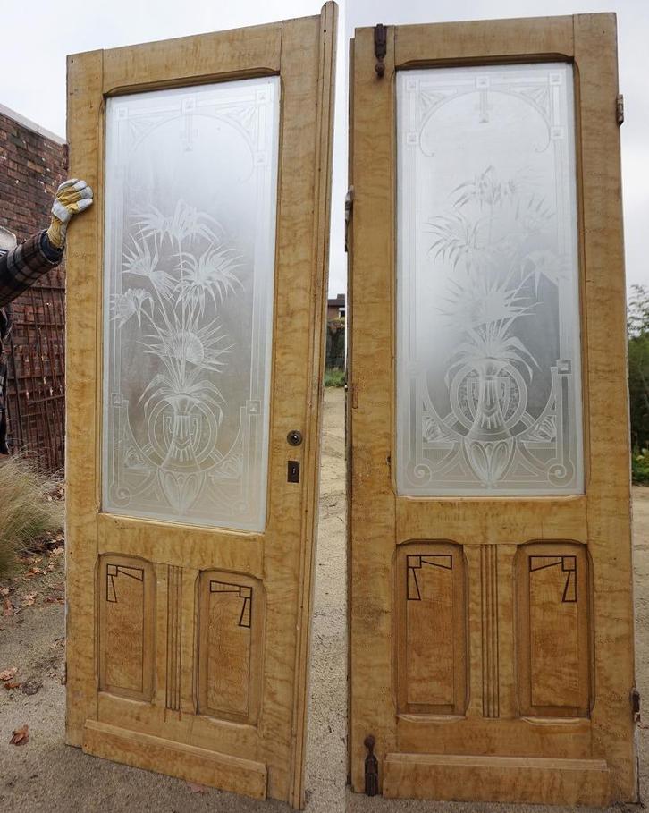 Set van 2 antieke dubbele geetste gestraalde deuren Art Deco, Doe-het-zelf en Bouw, Deuren en Vliegenramen, Gebruikt, Glas, Hout