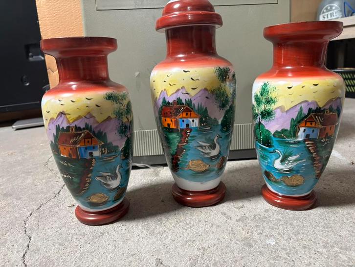 Handgeschilderde vazenset - landschap, Antiek en Kunst, Antiek | Vazen, Ophalen