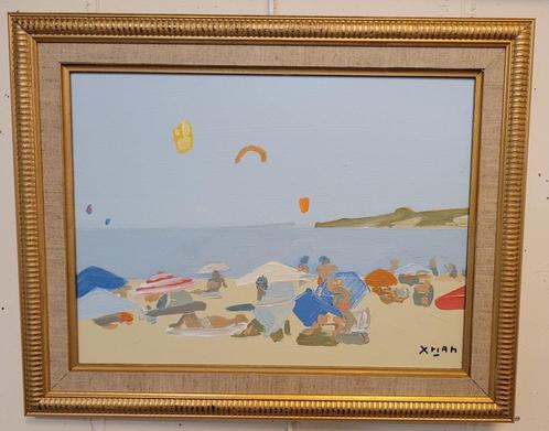 Xtian, vliegeren op het strand van Tarifa, Antiquités & Art, Art | Peinture | Classique, Enlèvement ou Envoi