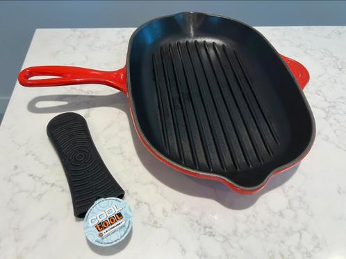 Le Creuset grillpan kersenrood 32 cm in gebruikte staat, Huis en Inrichting, Keuken | Potten en Pannen, Gebruikt, Koekenpan of Braadpan