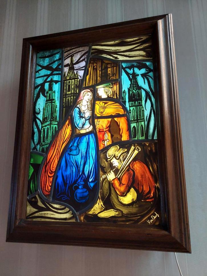 Decoratief verlicht glasraam met Tijl Uilenspiegel, Huis en Inrichting, Woonaccessoires | Schilderijen, Tekeningen en Foto's, Ophalen of Verzenden