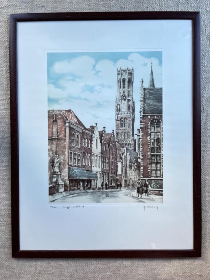 Kleur ets van Roger Hebbelinck (Wollestraat, Brugge), Antiek en Kunst, Kunst | Etsen en Gravures, Ophalen