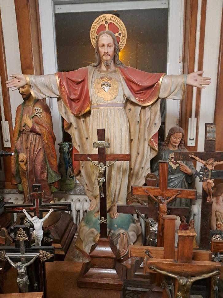 Groot  Antiek Kerk Beeld Jezus Heilig Hart 140Cm, Antiek en Kunst, Antiek | Religieuze voorwerpen, Ophalen