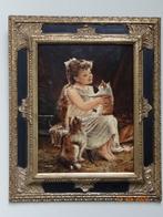 origineel schilderij  meisje met katjes, Antiek en Kunst, Kunst | Schilderijen | Klassiek, Ophalen of Verzenden