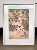 Schilderij op zijde Maria Stevenne, Belgische aquarellist, Ophalen of Verzenden