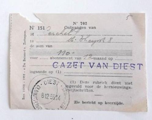 Ontvangstbewijs Paul Cerckel -  Diest, Verzamelen, Overige Verzamelen, Gebruikt, Ophalen of Verzenden
