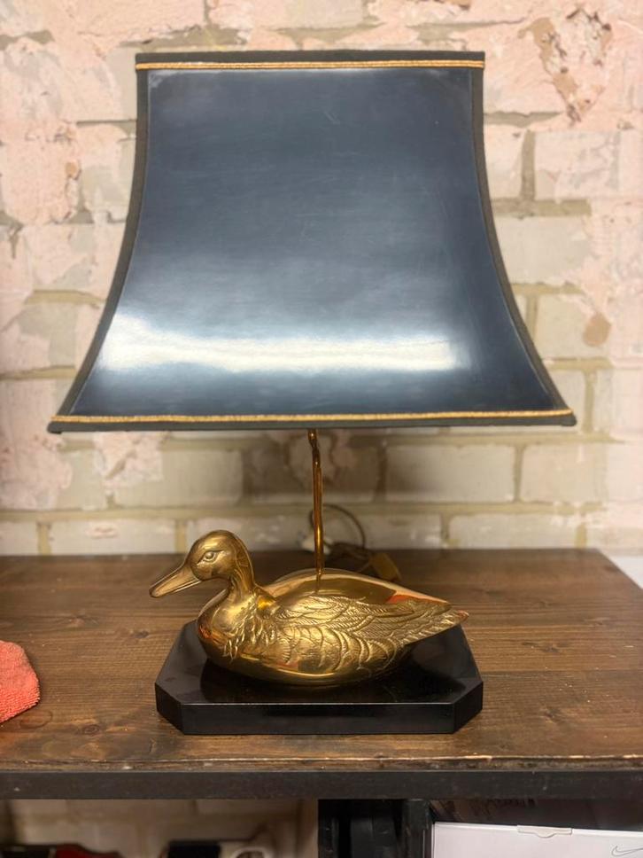 2 x Vintage Messing Eend Tafellamp - Regina design (‘70), Huis en Inrichting, Lampen | Tafellampen, Zo goed als nieuw, Hout, Ophalen of Verzenden