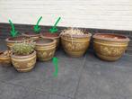 4x Large bruine terracotta pot bloempot met tekening tuin, Tuin en Terras, Ophalen, Terracotta, Tuin