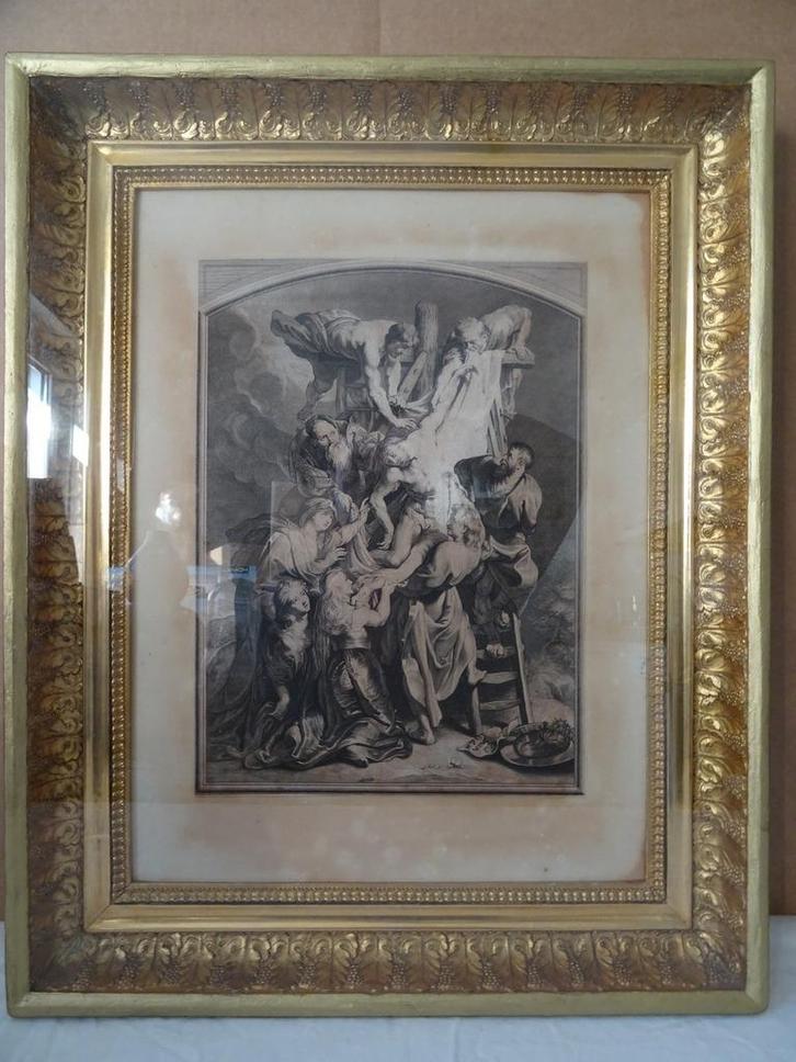 Antieke gravure Kruisafname in vergulde lijst 1850 pronkstuk, Antiek en Kunst, Antiek | Religieuze voorwerpen, Ophalen of Verzenden