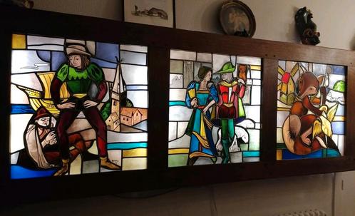 Glas in lood, Maurits Nevens, drieluik met lichtbak, Doe-het-zelf en Bouw, Glas en Ramen, Zo goed als nieuw, Overige typen, 80 tot 120 cm