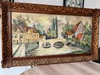 Belle grande peinture ancienne 117 x 66 Bruges en état neuf, Enlèvement