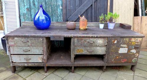 Prachtige grote vintage industriele toonbank werkbank, Doe-het-zelf en Bouw, Werkbanken, Gebruikt, 170 cm of meer, Ophalen