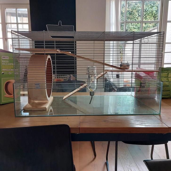 Hamsterkooi met verdiepen, rad en voeding, Dieren en Toebehoren, Knaagdieren en Konijnen | Hokken en Kooien, Zo goed als nieuw
