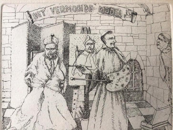 Originele Ets: Het vermoeid model - Roger Van Akelyen, Antiek en Kunst, Kunst | Etsen en Gravures, Ophalen