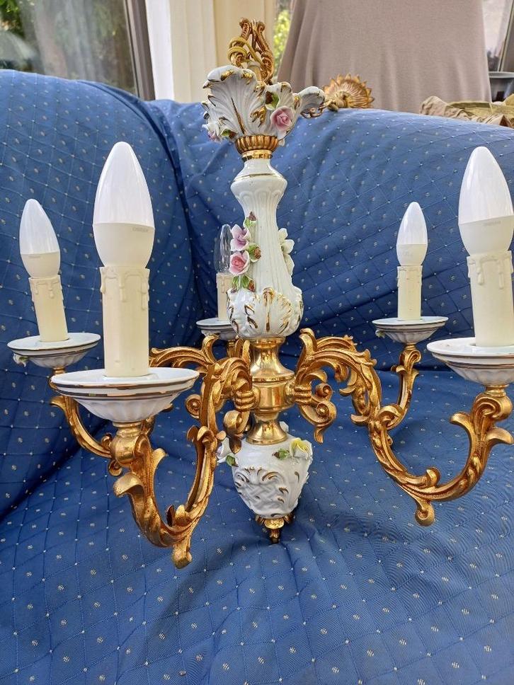 Lustre de style  à 5 branches en céramique, Huis en Inrichting, Lampen | Kroonluchters, Zo goed als nieuw, Metaal, Ophalen