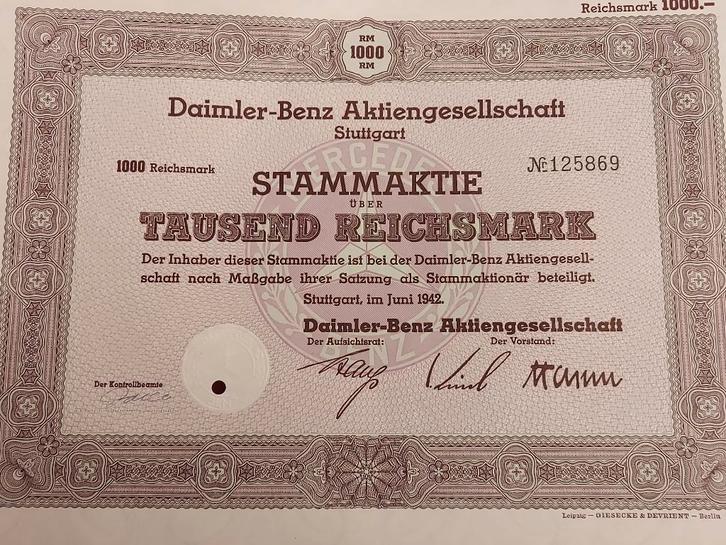 Vintage aandeel Daimler Benz, Mercedes, Suttgart 1942, WO 2, Postzegels en Munten, Aandelen en Waardepapieren, Aandeel, 1920 tot 1950