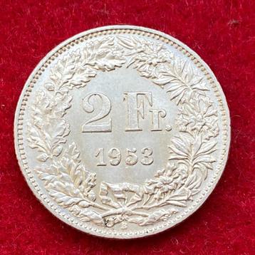 Oude zilveren Zwitserse munt van 2 frank uit 1953 beschikbaar voor biedingen
