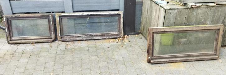Houten kiepramen 3 stuks, dubbel glas. Ideaal voor tuinhuis, Doe-het-zelf en Bouw, Raamkozijnen en Schuifdeuren, Hout, Ophalen