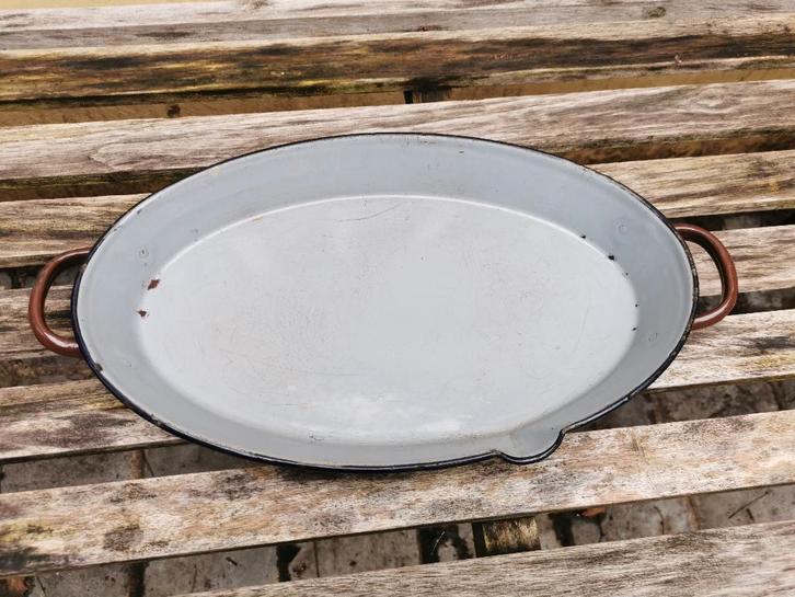 Vintage emaille ovale ovenschaal braadslede 35 cm, Antiek en Kunst, Antiek | Schalen, Ophalen of Verzenden