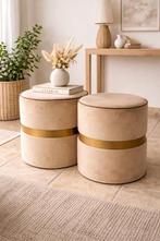 2 beige velvet poefjes met gouden touch, Ophalen, Gebruikt