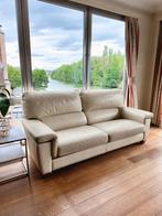 Canapé 3 places en cuir beige et bois massif, Banc droit, 200 à 250 cm, Vintage, Utilisé