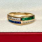 14K gouden ring met natuurlijke diamant, saffier, smaragd!, 18 à 19, Or, Jaune, Enlèvement ou Envoi