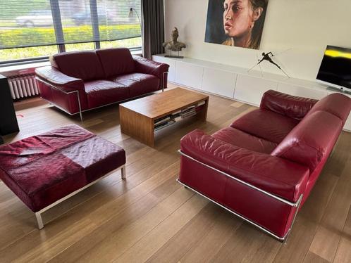 2 lederen canapés + voetbank, Huis en Inrichting, Zetels | Complete zithoeken, Gebruikt, Leer, Ophalen