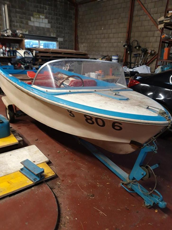 Mooie retro motorboot met motor, trailer en afdekzeil, Watersport en Boten, Motorboten en Motorjachten, Gebruikt, Ophalen