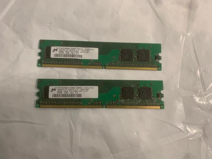 Set 2× DDR2 RAM 256 MB PC2-4200U – Micron 533 MHz CL4, Computers en Software, RAM geheugen, Gebruikt, Desktop, 1 GB of minder