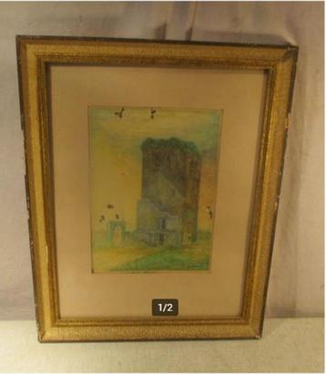 Aquarelle peinte ancienne « Ruine et tour » - Braems - 1949, Enlèvement ou Envoi