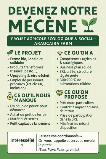 MÉCÈNE RECHERCHÉ pour projet agricole durable beschikbaar voor biedingen
