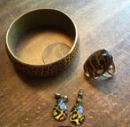 Set leopard juwelen : grote ring / oorbellen / armband, Handtassen en Accessoires, Ringen, Bruin, Ophalen of Verzenden, Zo goed als nieuw