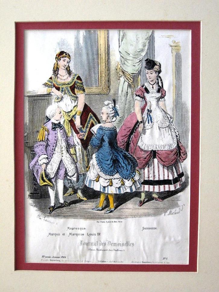 Prent 1869 Journal des Demoiselles handgekleurd Louis XV, Antiek en Kunst, Kunst | Litho's en Zeefdrukken, Ophalen of Verzenden