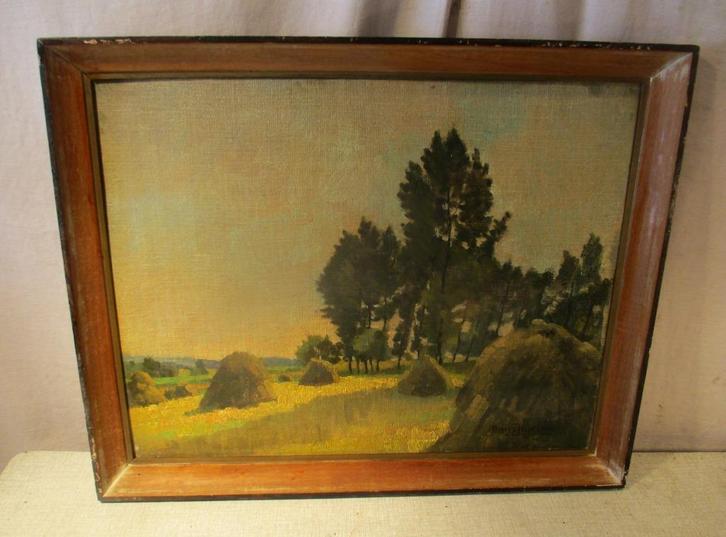 Mooi Oud Geschilderd Werk 'Hooi op het Land' - Frans Lejeune, Antiek en Kunst, Kunst | Schilderijen | Klassiek, Ophalen of Verzenden