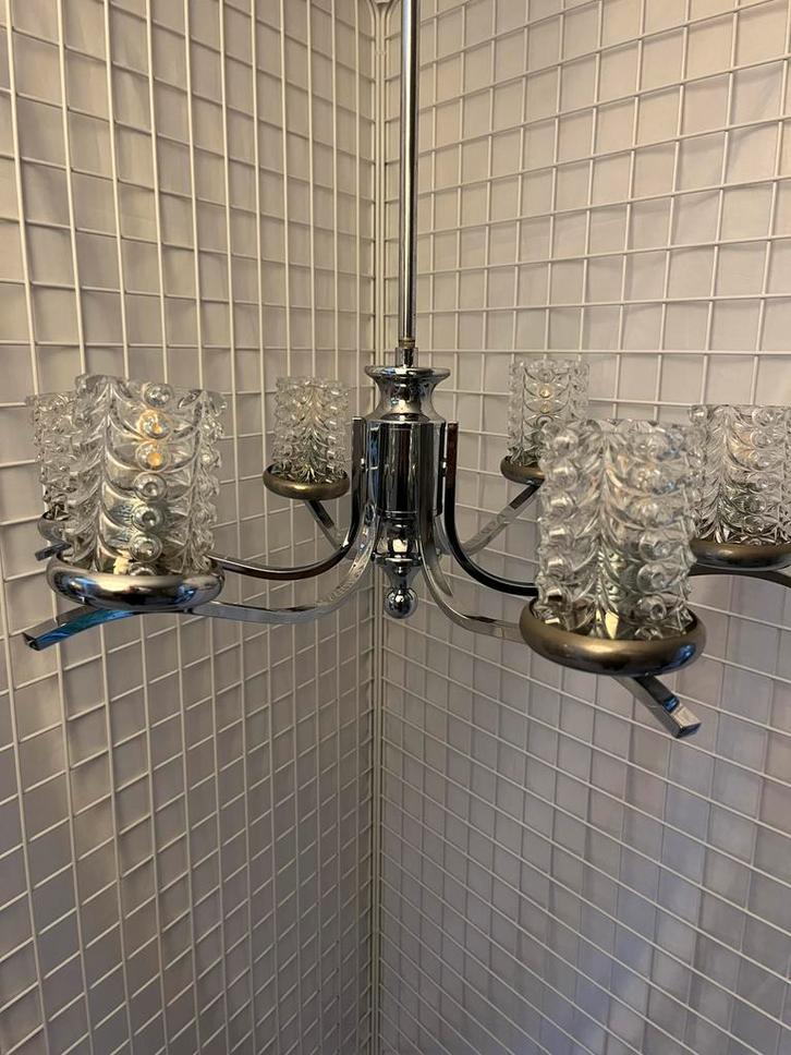 Vintage chromen luster, Huis en Inrichting, Lampen | Kroonluchters, Gebruikt, Ophalen of Verzenden