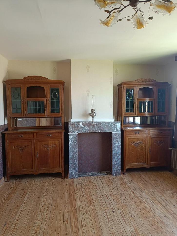 Antieke 2-delige buffetkast/porseleinkast (2 stuks), Huis en Inrichting, Kasten | Vitrinekasten, Gebruikt, 200 cm of meer, 100 tot 150 cm