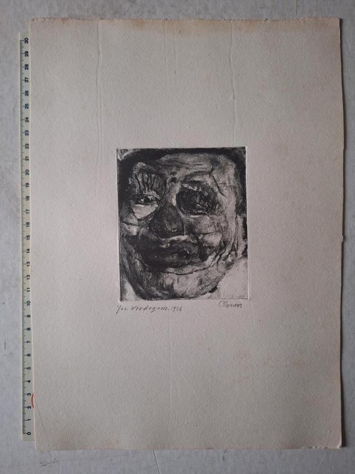 Vroege ets van Jos Verdegem uit 1926 "Clown", Antiek en Kunst, Kunst | Etsen en Gravures, Ophalen of Verzenden