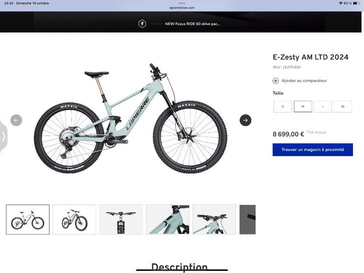 VTTAE LAPIERRE E-ZESTY AM LTD 2024 150 km XL, Fietsen en Brommers, Fietsen | Mountainbikes en ATB, Nieuw, Heren, Overige merken