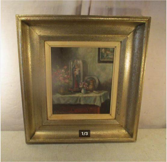 Mooi Oud Geschilderd Werk 'Bloemen en Beeld' - Van Genesen, Antiek en Kunst, Kunst | Schilderijen | Klassiek, Ophalen of Verzenden