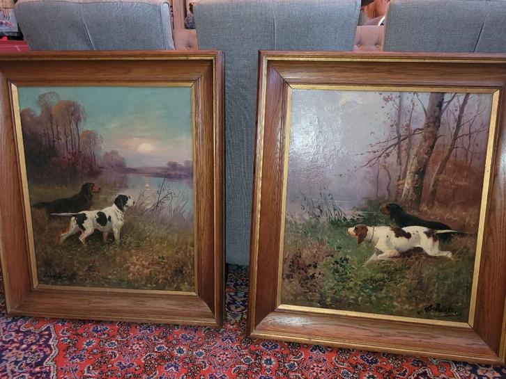 2 zeer mooie schilderijen van jachthonden (munsterlanders ?), Antiek en Kunst, Kunst | Schilderijen | Klassiek, Ophalen