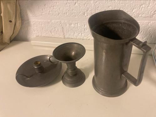 Tinnen kan en twee kandelaars – decoratief vintage, Antiek en Kunst, Antiek | Tin, Ophalen of Verzenden