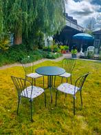 Tuinset, 1 tafel zwart, 4 stoelen + kussens zwart, Ophalen, 4 zitplaatsen, Zo goed als nieuw, Stoel