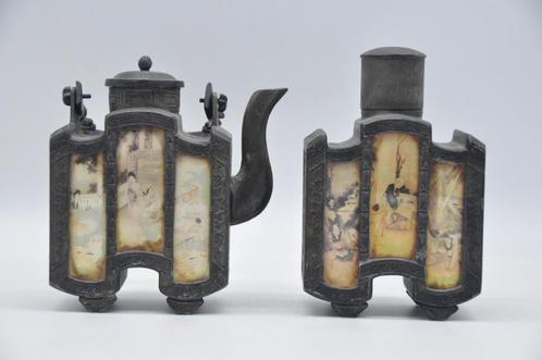 Antieke Chinese Theebus en Theekan in tin, Antiek en Kunst, Curiosa en Brocante, Ophalen of Verzenden