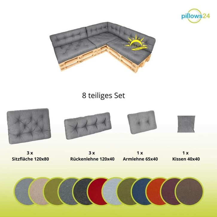 Coussins en palette California 8 pièces - gris clair - neufs, Jardin & Terrasse, Ensembles de jardin, Comme neuf, Enlèvement