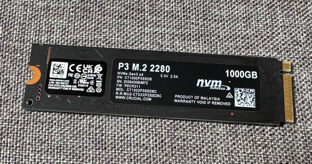 Crucial P3 1TB NVMe M.2 2280 ssd, Enlèvement, Comme neuf