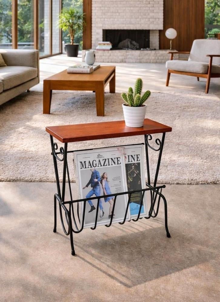 Vintage teakhouten magazinehouder / bijzettafel, Huis en Inrichting, Woonaccessoires | Krantenbakken en Lectuurbakken, Zo goed als nieuw